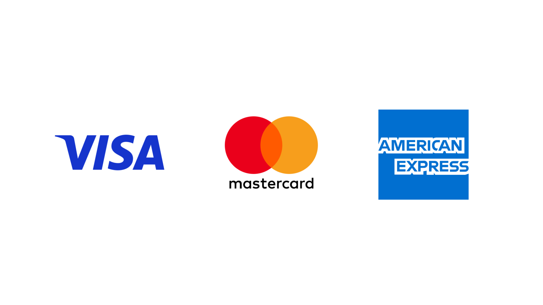 Logotipos de tres marcas de tarjetas de crédito: Visa a la izquierda en azul, Mastercard en el centro con dos círculos rojo y naranja superpuestos, y American Express a la derecha con texto blanco sobre fondo azul.
